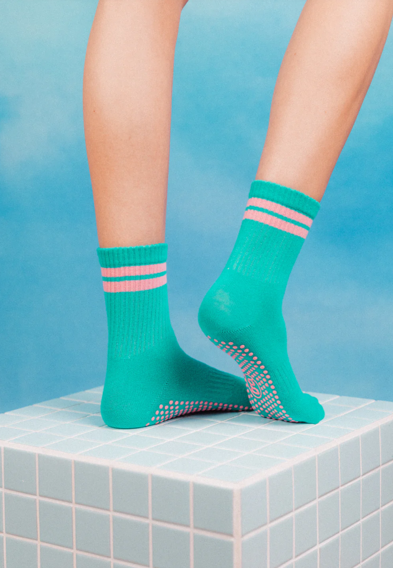 Crew Non Slip Grip Socks - Tuscan Teal Stripe