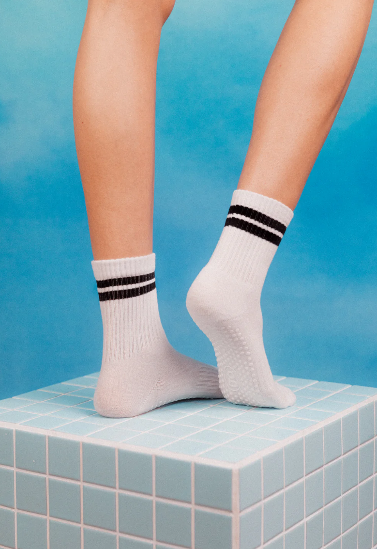 Crew Non Slip Grip Socks - White Black Stripe